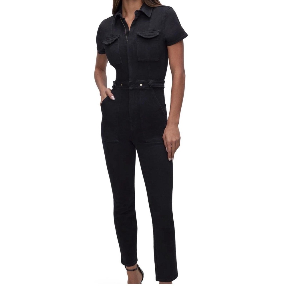 Good American Fit For Success Jumpsuit Black Denim Short Sleeve Romper New - Picture 2 of 12